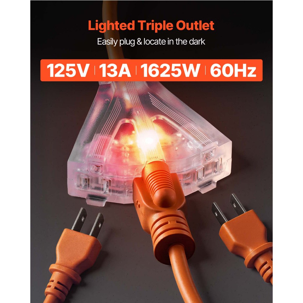 Carrete de extensión retráctil VEVOR, cable de alimentación SJTOW 14AWG/3C de alta resistencia de 15 m con toma triple iluminada, disyuntor de 13 A, soporte giratorio de 180° para montaje en techo o pared, color negro