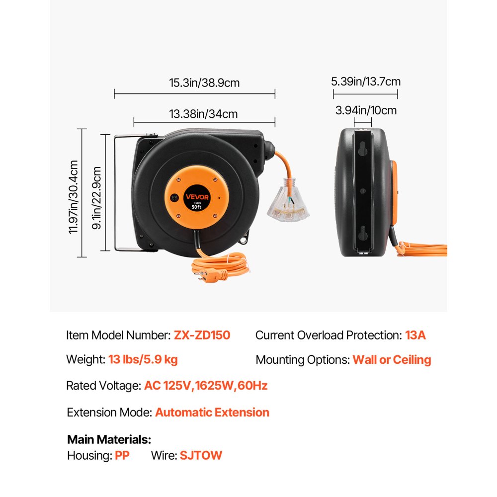 Carrete de extensión retráctil VEVOR, cable de alimentación SJTOW 14AWG/3C de alta resistencia de 15 m con toma triple iluminada, disyuntor de 13 A, soporte giratorio de 180° para montaje en techo o pared, color negro