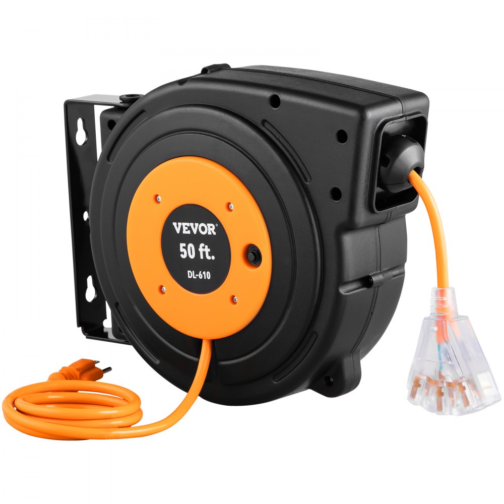 Carrete de extensión retráctil VEVOR, cable de alimentación SJTOW 14AWG/3C de alta resistencia de 15 m con toma triple iluminada, disyuntor de 13 A, soporte giratorio de 180° para montaje en techo o pared, color negro