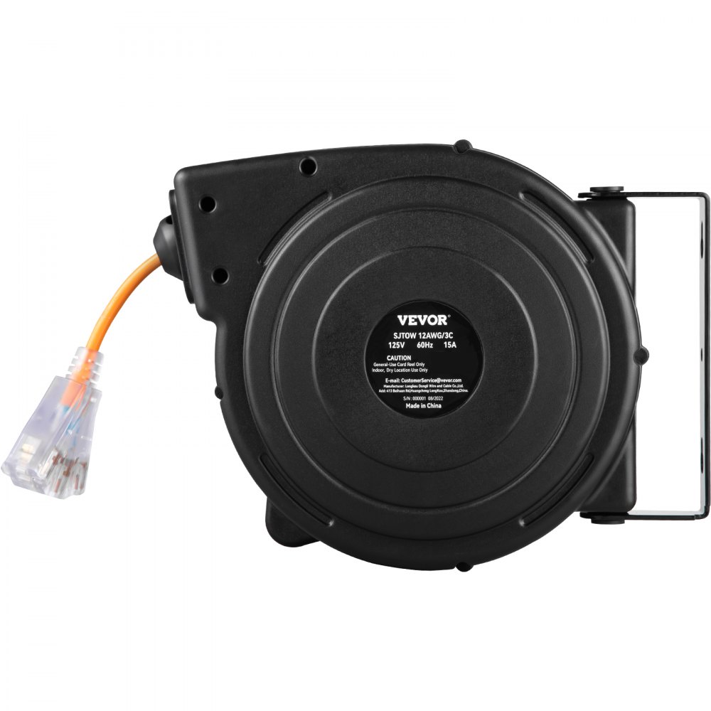 Carrete de extensión retráctil VEVOR, cable de alimentación SJTOW 14AWG/3C de alta resistencia de 15 m con toma triple iluminada, disyuntor de 13 A, soporte giratorio de 180° para montaje en techo o pared, color negro