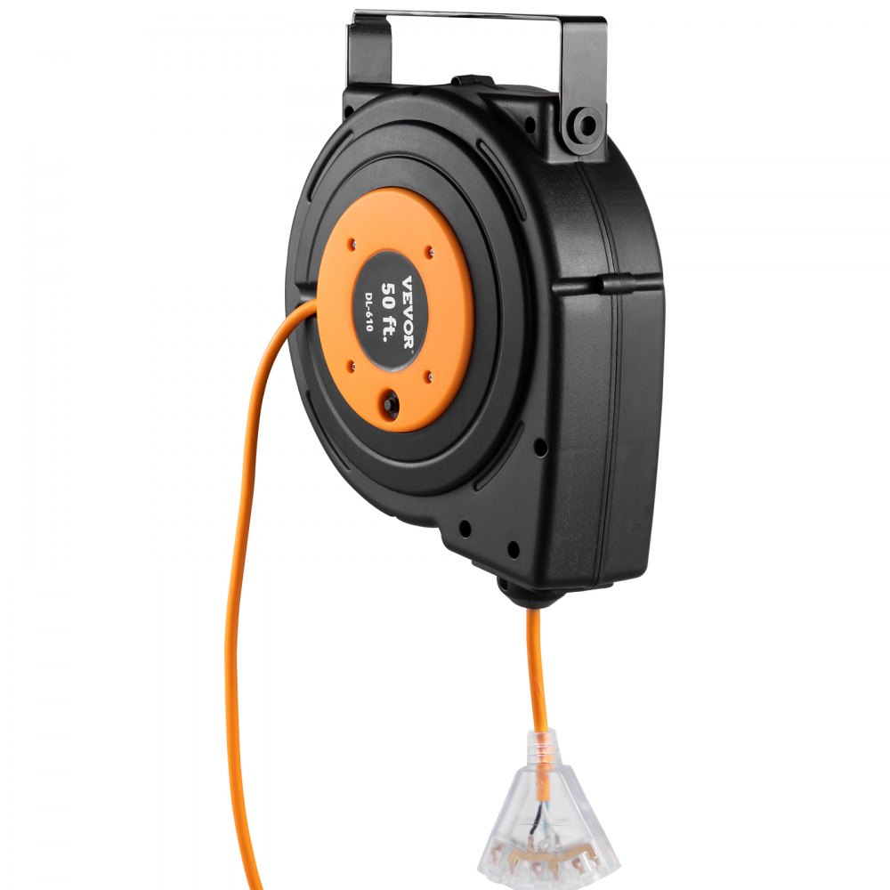 Carrete de extensión retráctil VEVOR, cable de alimentación SJTOW 14AWG/3C de alta resistencia de 15 m con toma triple iluminada, disyuntor de 13 A, soporte giratorio de 180° para montaje en techo o pared, color negro