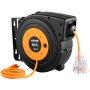 Carrete de extensión retráctil VEVOR, cable de alimentación SJTOW 14AWG/3C de alta resistencia de 15 m con toma triple iluminada, disyuntor de 13 A, soporte giratorio de 180° para montaje en techo o pared, color negro