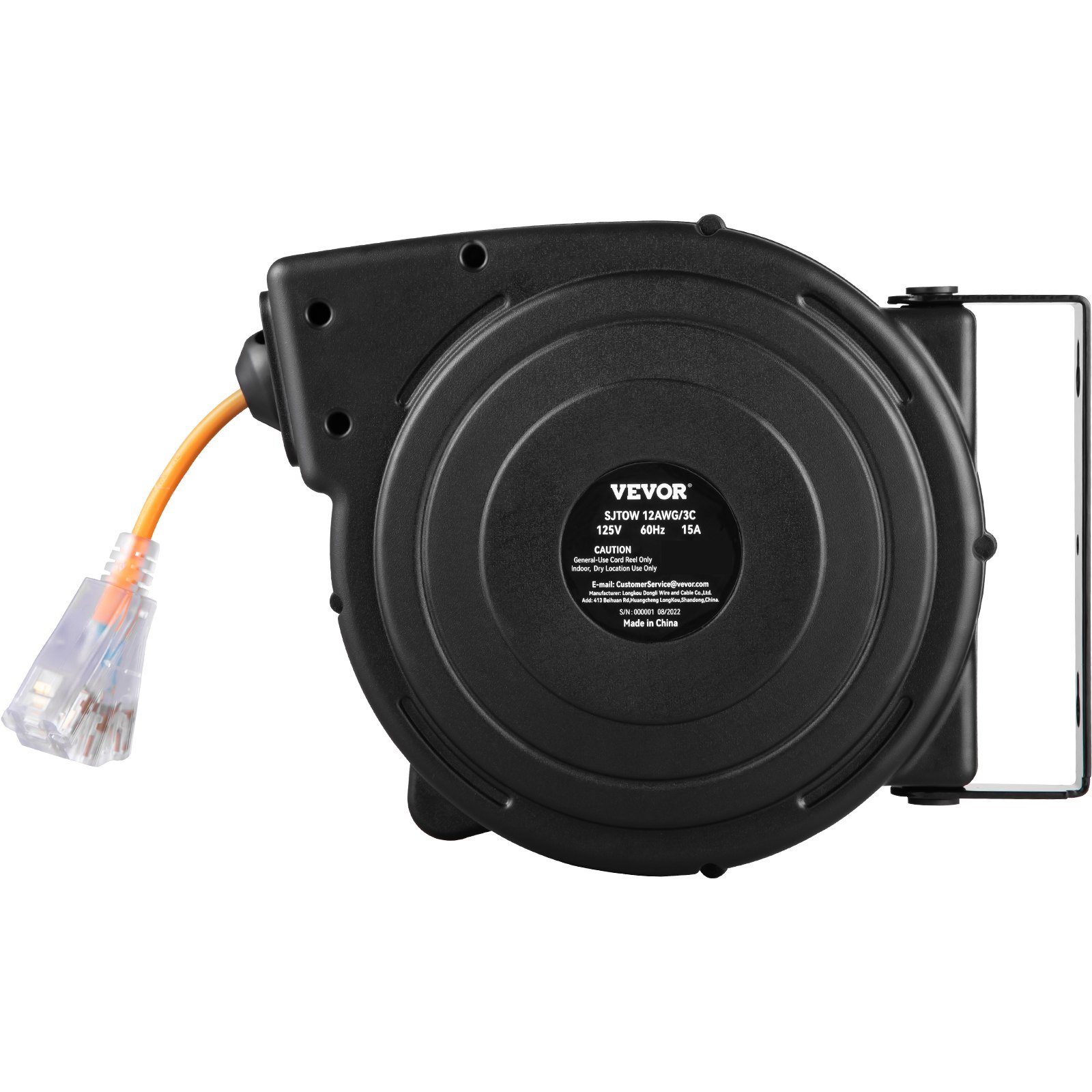 Carrete de extensión retráctil VEVOR, cable de alimentación SJTOW 14AWG/3C de alta resistencia de 15 m con toma triple iluminada, disyuntor de 13 A, soporte giratorio de 180° para montaje en techo o pared, color negro