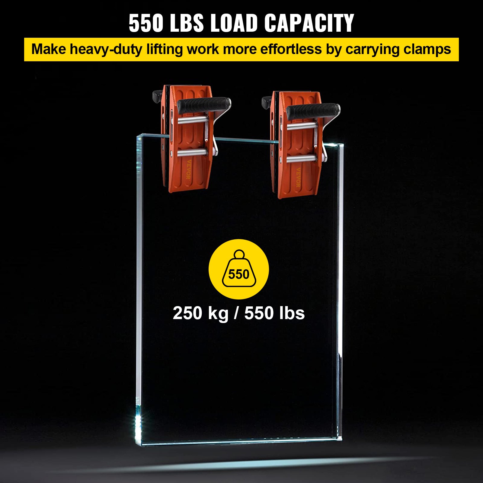 VEVOR 2 abrazaderas de transporte de piedra de doble mano, herramientas de elevación de granito de 2,36 pulgadas (60 mm) con almohadillas de goma antideslizantes, capacidad de carga de 550 libras para mover mármol, vidrio, losas y madera contrachapada