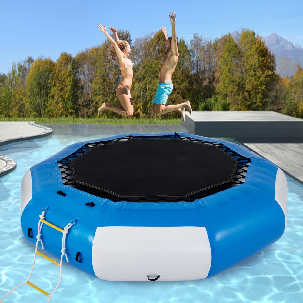 Trampolín acuático inflable VEVOR de 3 m con escalera mecánica, trampolín acuático inflable redondo en azul y blanco, trampolín flotante para lagos, piscinas y mar en calma.