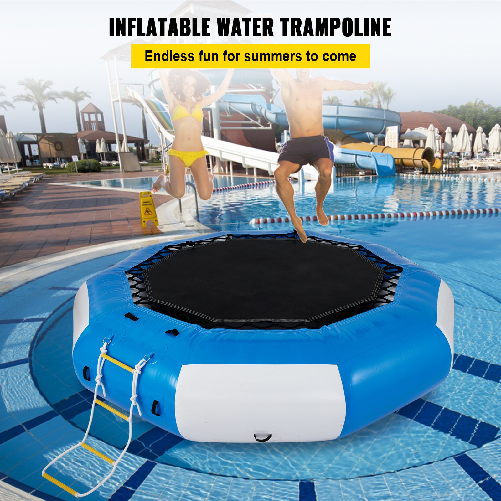 Trampolín acuático VEVOR en una piscina con dos personas en pleno salto, prometiendo diversión sin fin para los veranos.