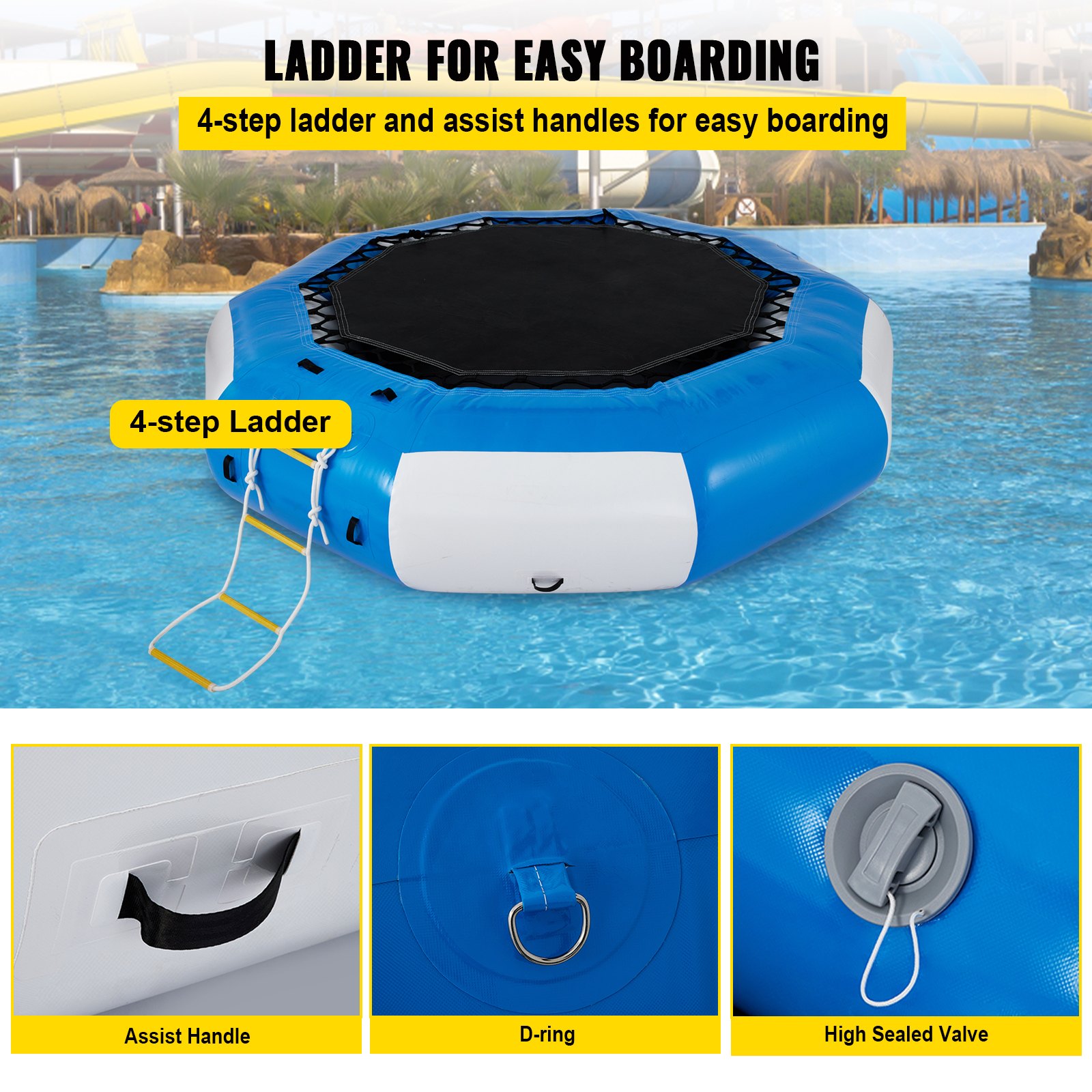 Trampolín acuático VEVOR con escalera de 4 escalones, asa de asistencia, anillo en D y válvula alta sellada en una piscina.