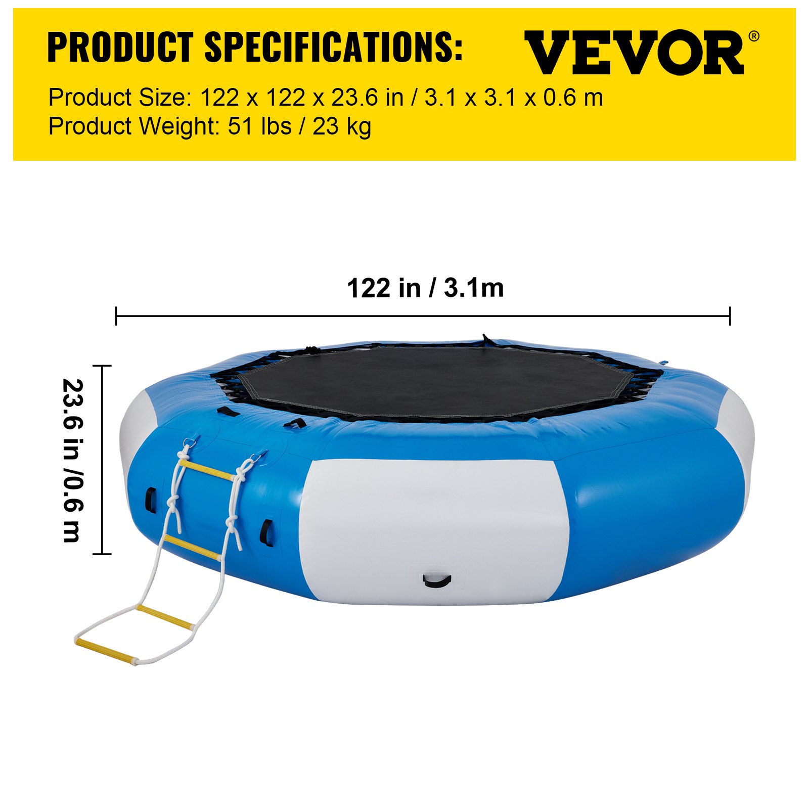 Trampolín acuático VEVOR, 122 pulgadas de diámetro, 23,6 pulgadas de altura, con segmentos azules y blancos y escalera.