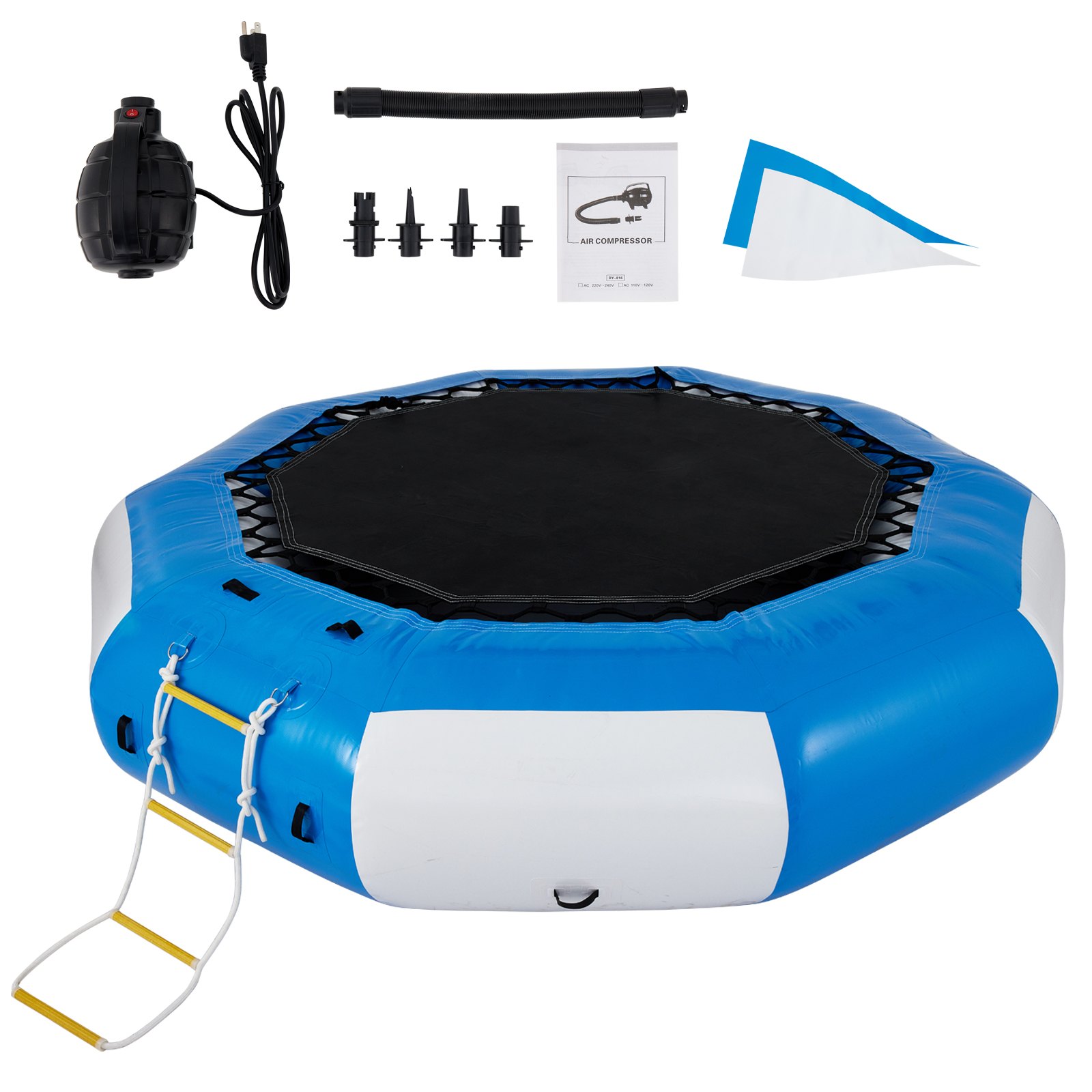 Trampolín acuático VEVOR con secciones inflables azules y blancas, escalera, bomba de aire, manguera, boquillas y manual.