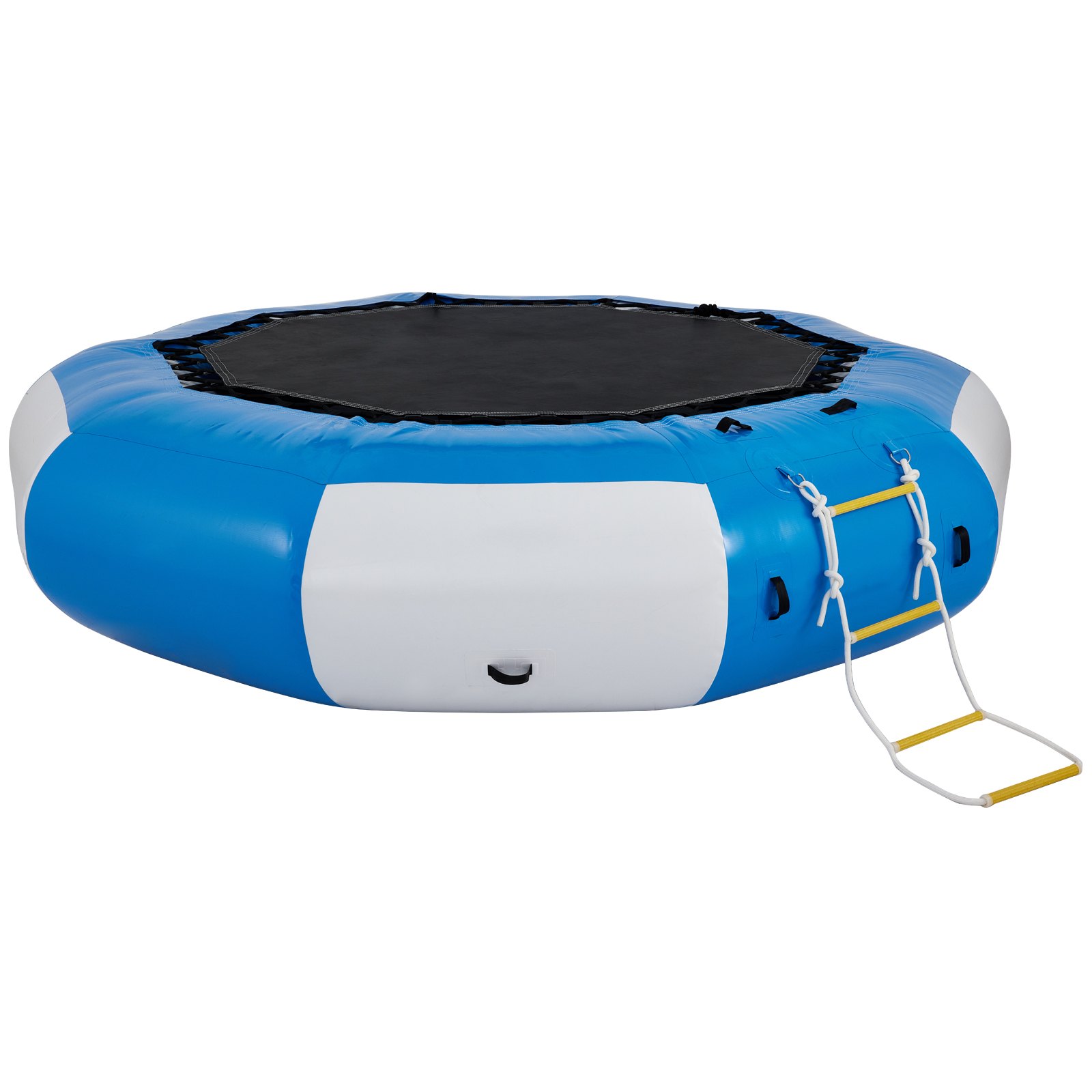 Trampolín acuático VEVOR azul y blanco con escalera amarilla para fácil acceso.