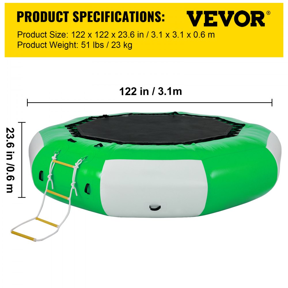 Trampolín acuático inflable VEVOR verde con detalles en blanco, escalera y detalles de tamaño.