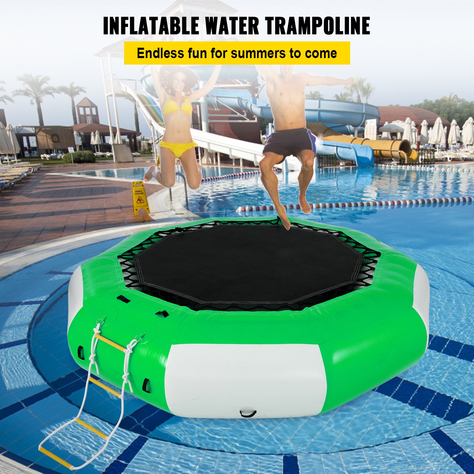 Trampolín acuático inflable VEVOR en piscina, dos personas saltando en el fondo.