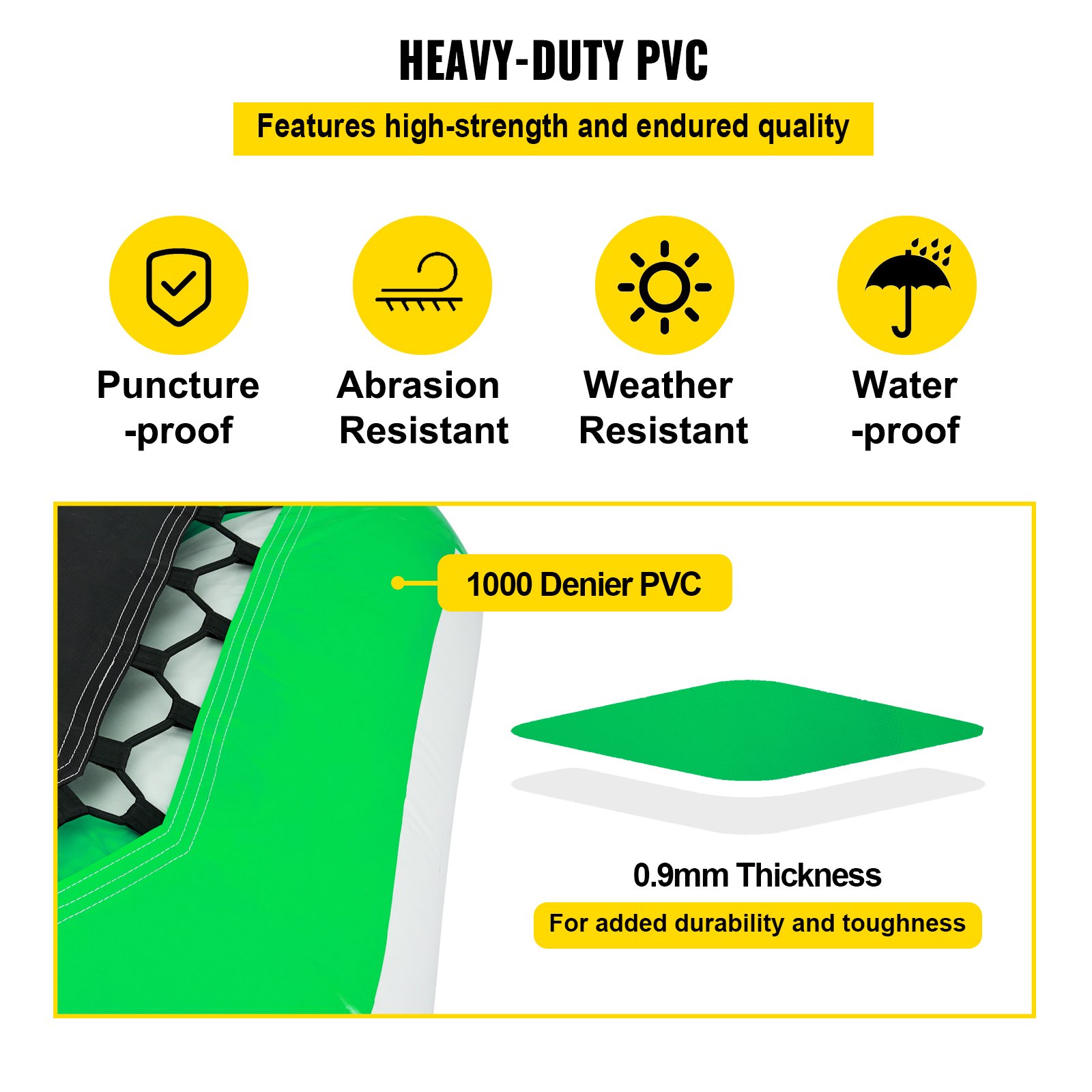 PVC de alta resistencia, PVC de 1000 deniers, espesor de 0,9 mm, resistente a perforaciones, a la abrasión y a la intemperie.