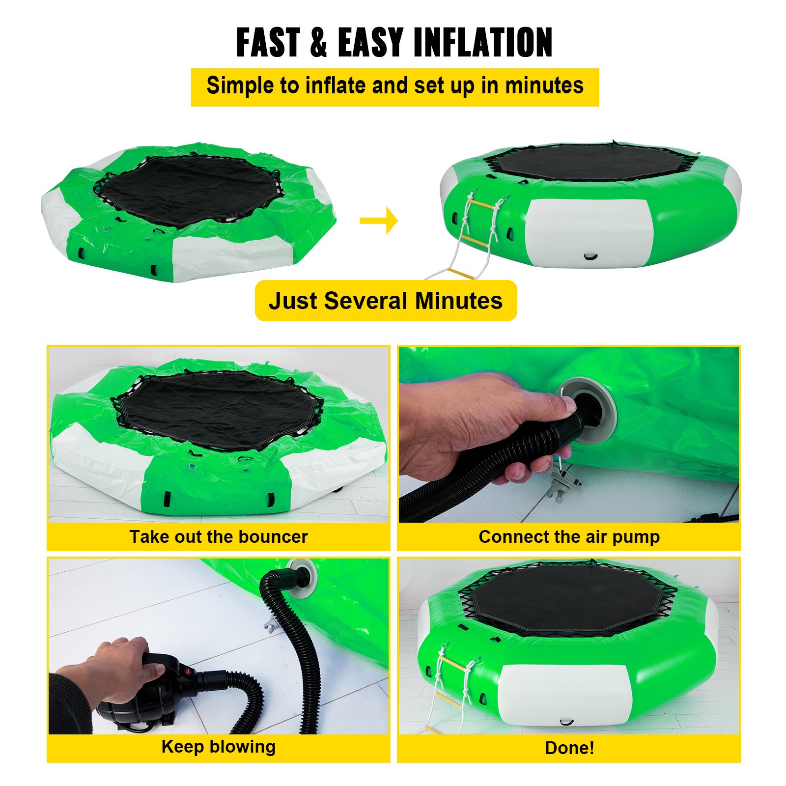 Instalación de trampolín acuático inflable VEVOR en minutos con fácil conexión de bomba de aire.