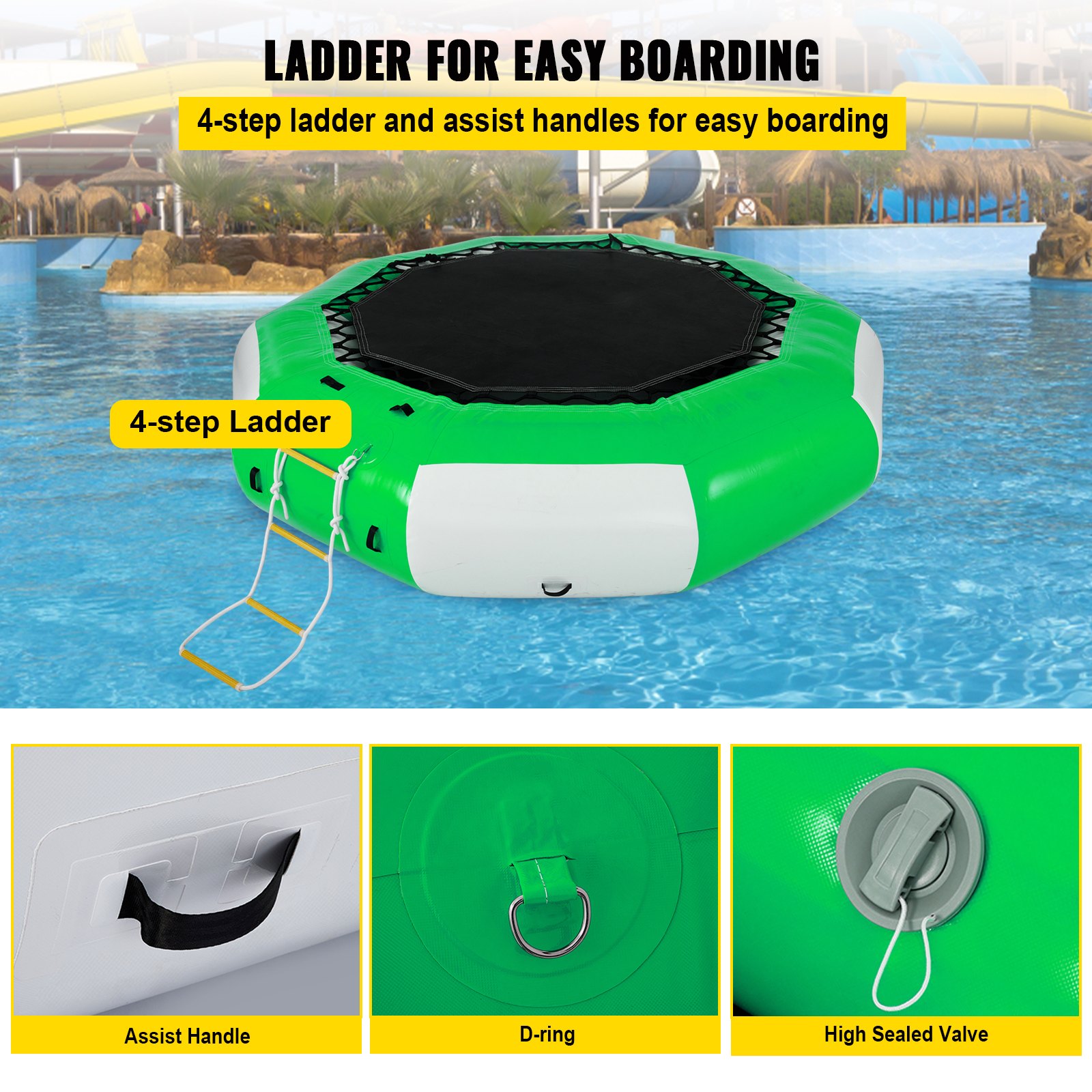 Trampolín acuático inflable VEVOR con escalera, asas de asistencia y anillo en D para subir fácilmente.
