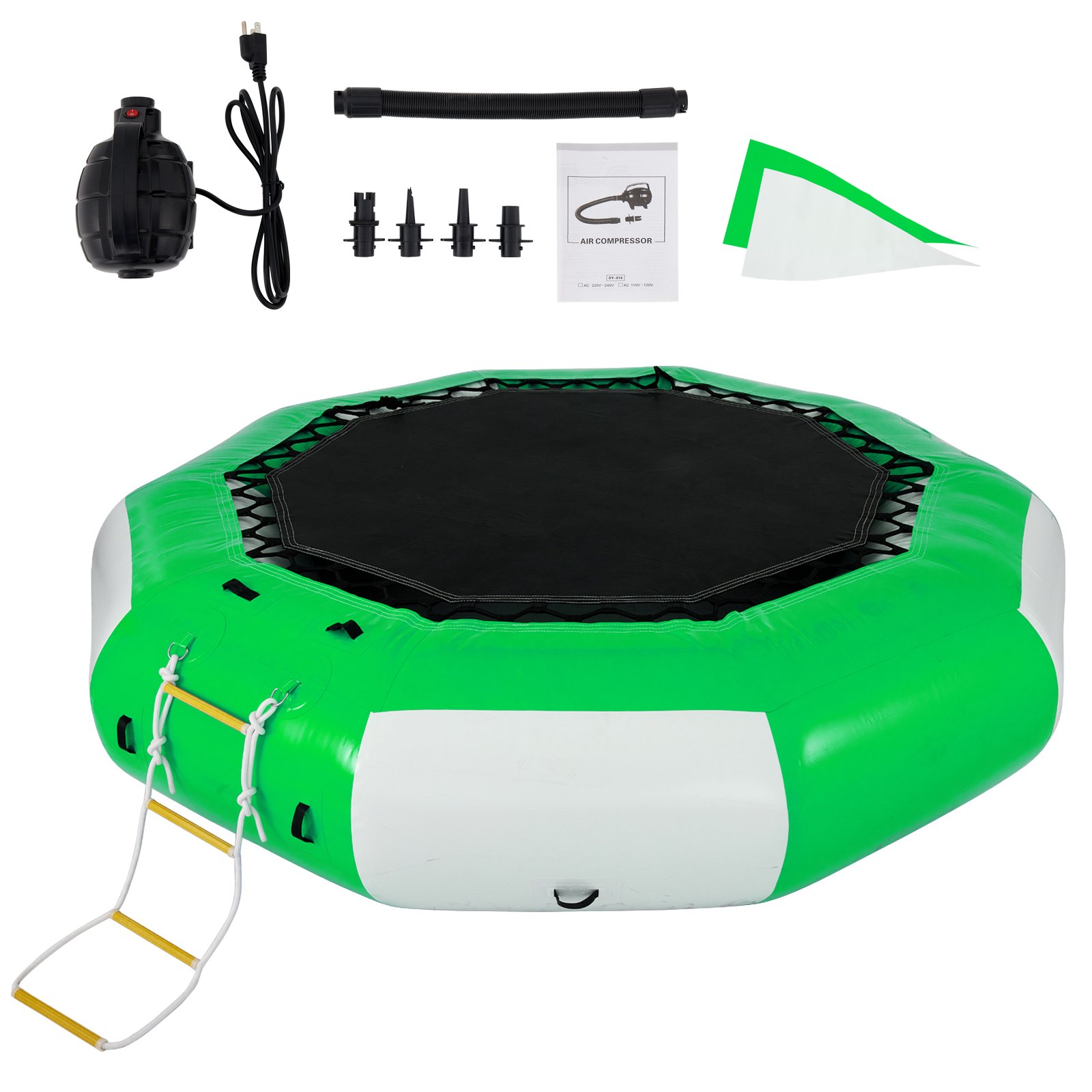 Trampolín acuático inflable VEVOR con compresor de aire, escalera y accesorios.