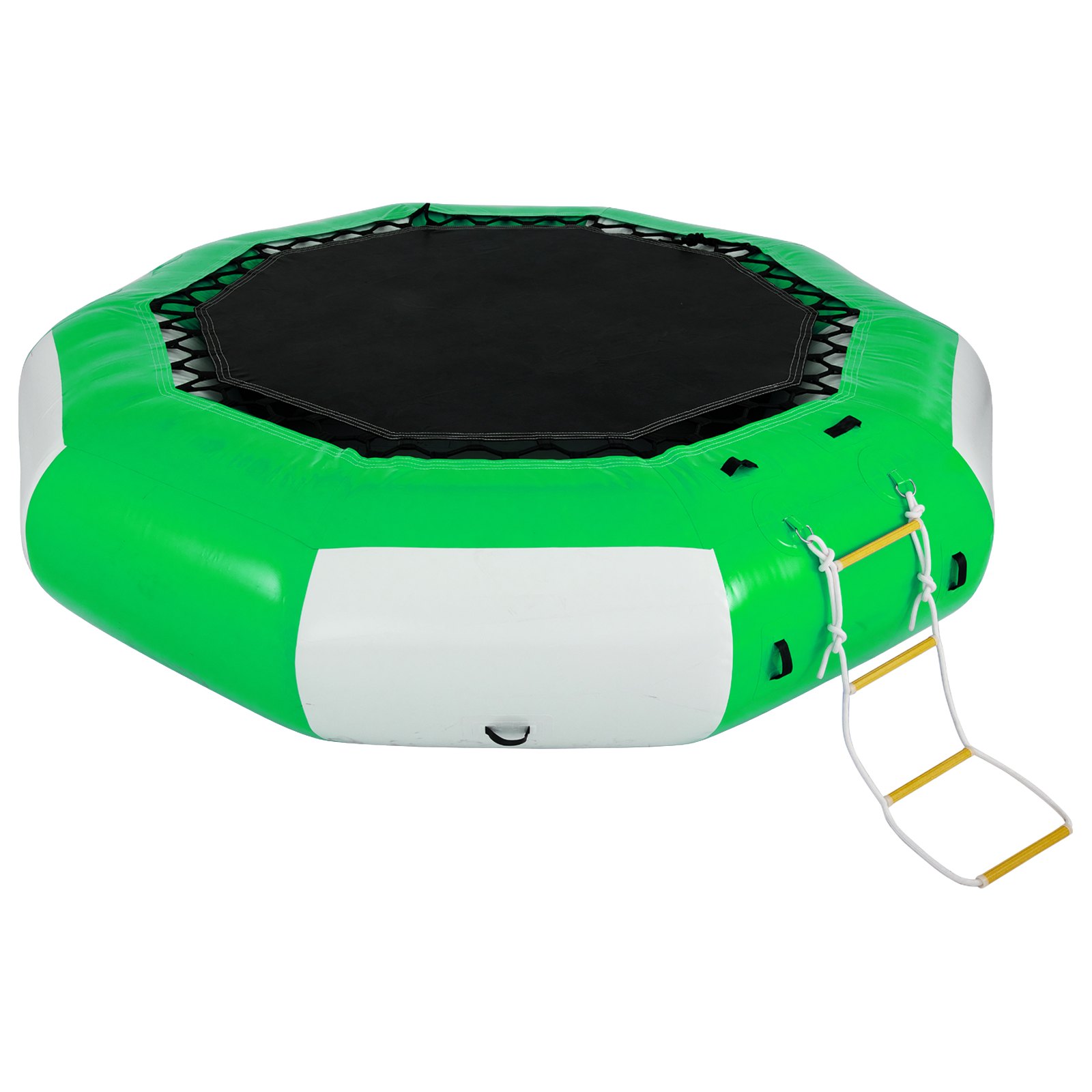 Trampolín acuático inflable VEVOR con diseño verde y blanco y escalera adjunta