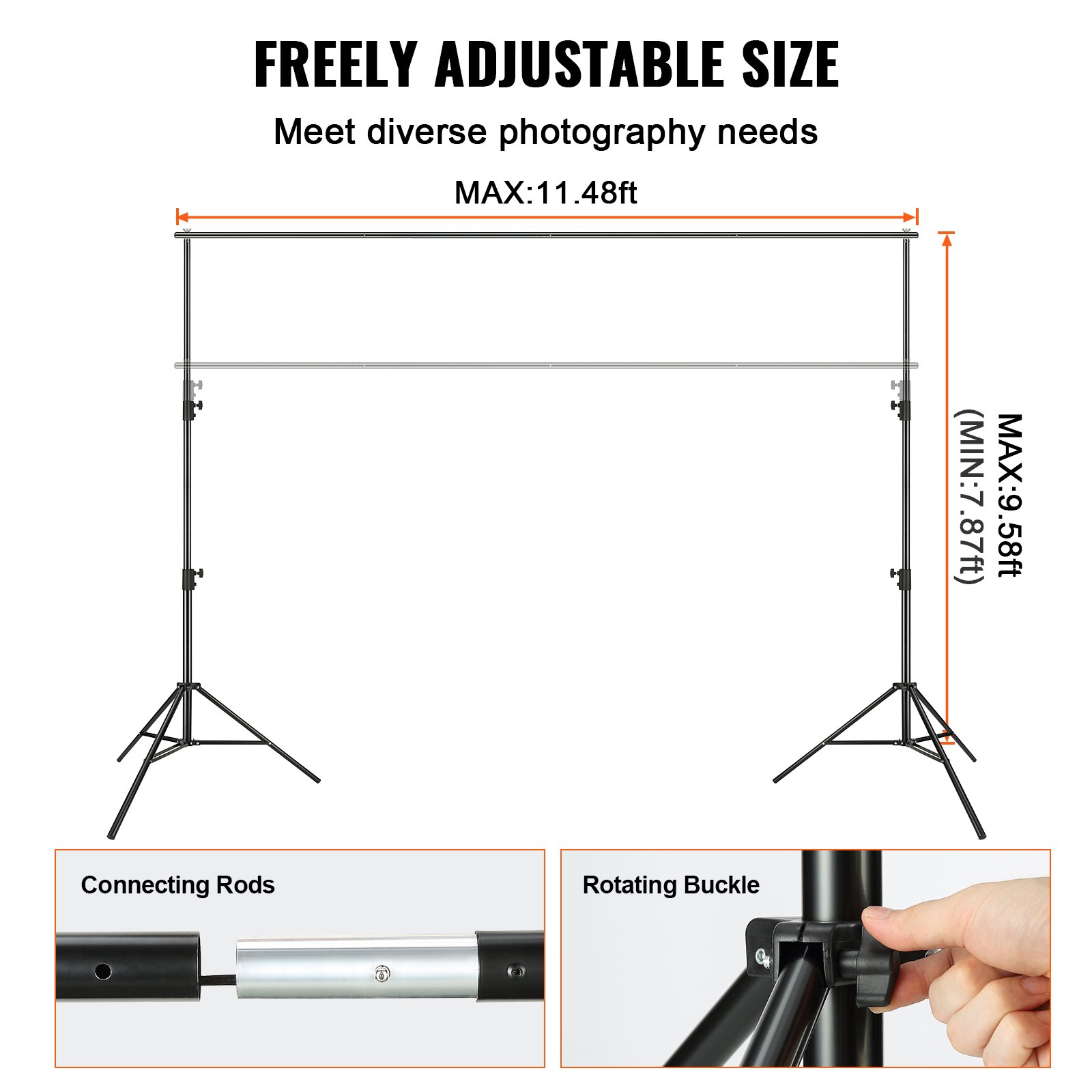 VEVOR Soporte de fondo resistente de 3,5 x 2,9 m, altura ajustable para fotografía, sistema de soporte de fondo con 6 abrazaderas y bolsa de transporte, para fiestas, bodas, exhibiciones y fotos.
