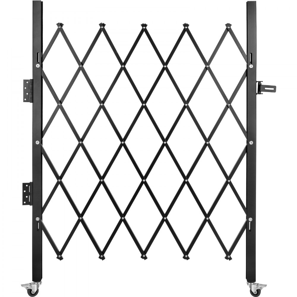 Puerta de seguridad VEVOR negra con diseño en forma de diamante, altura ajustable y ruedas.