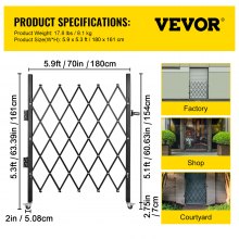 VEVOR Puerta de seguridad plegable individual, 5.1'H x 5.9'W （61 x 71 pulgadas）Puerta plegable, Puerta de seguridad en acordeón de acero, Puerta de seguridad expandible flexible, Puerta de barricada rodante de 360°, Puerta/puerta de tijera con candado