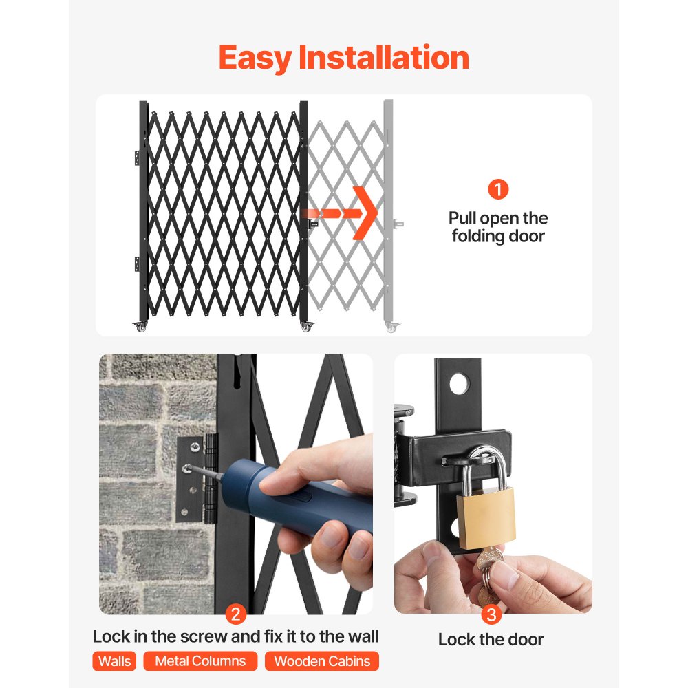 Puerta de seguridad plegable individual VEVOR, 2,2 m de alto x 2,4 m de ancho, puerta de seguridad de acordeón de acero, puerta de seguridad flexible y extensible, puerta de barricada con ruedas de 360°, puerta de tijera con candado.