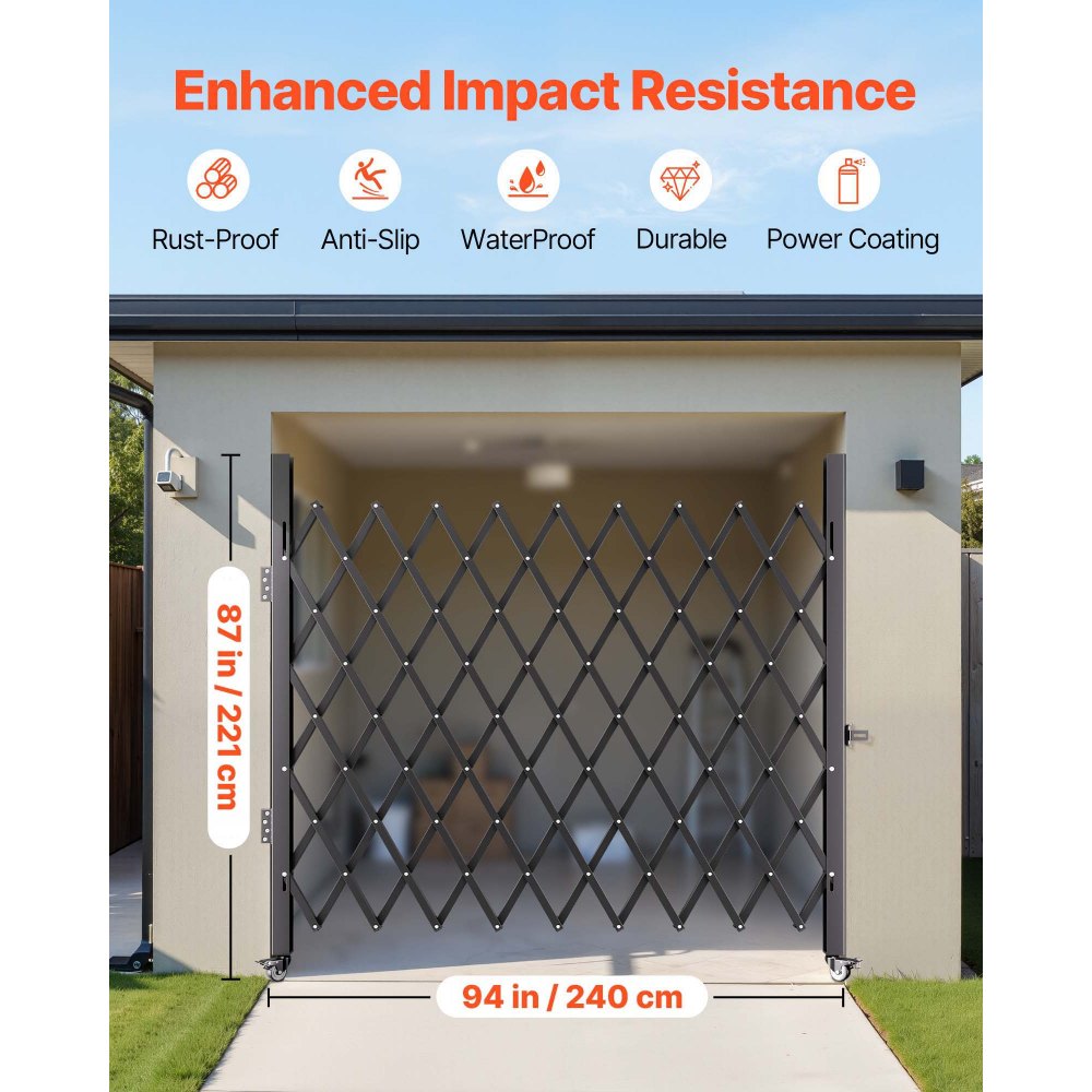 Puerta de seguridad plegable individual VEVOR, 2,2 m de alto x 2,38 m de ancho, puerta plegable tipo acordeón de acero, puerta de seguridad flexible extensible, puerta de barricada enrollable de 360°, puerta/puerta de tijera con candado.