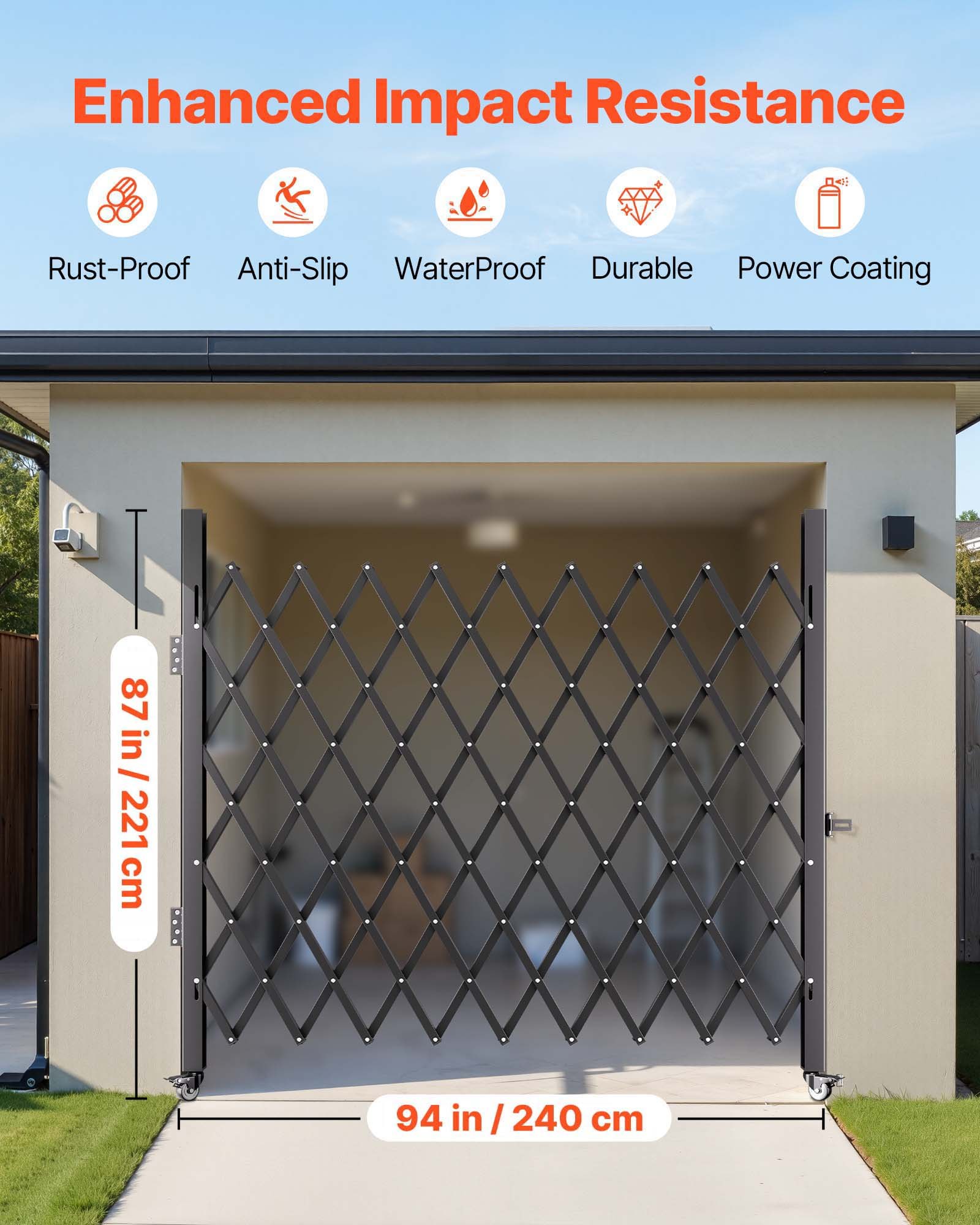 Puerta de seguridad plegable individual VEVOR, 2,2 m de alto x 2,38 m de ancho, puerta plegable tipo acordeón de acero, puerta de seguridad flexible extensible, puerta de barricada enrollable de 360°, puerta/puerta de tijera con candado.