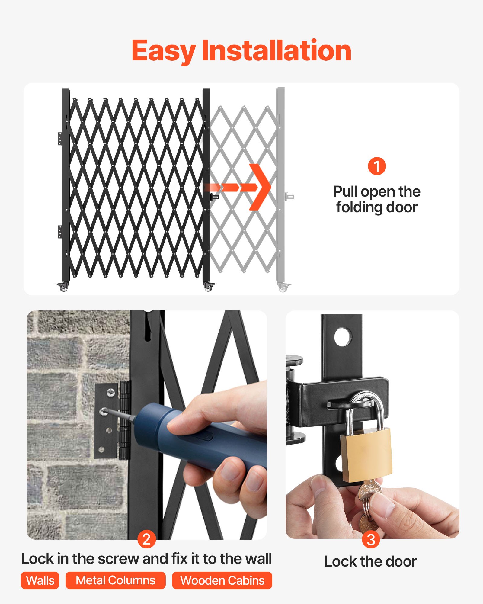 Puerta de seguridad plegable individual VEVOR, 2,2 m de alto x 2,38 m de ancho, puerta plegable tipo acordeón de acero, puerta de seguridad flexible extensible, puerta de barricada enrollable de 360°, puerta/puerta de tijera con candado.
