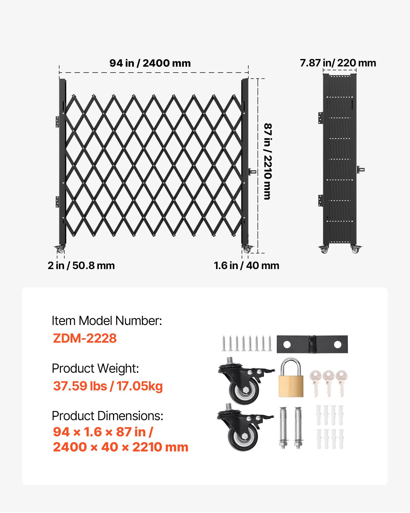 Puerta de seguridad plegable individual VEVOR, 2,2 m de alto x 2,38 m de ancho, puerta plegable tipo acordeón de acero, puerta de seguridad flexible extensible, puerta de barricada enrollable de 360°, puerta/puerta de tijera con candado.