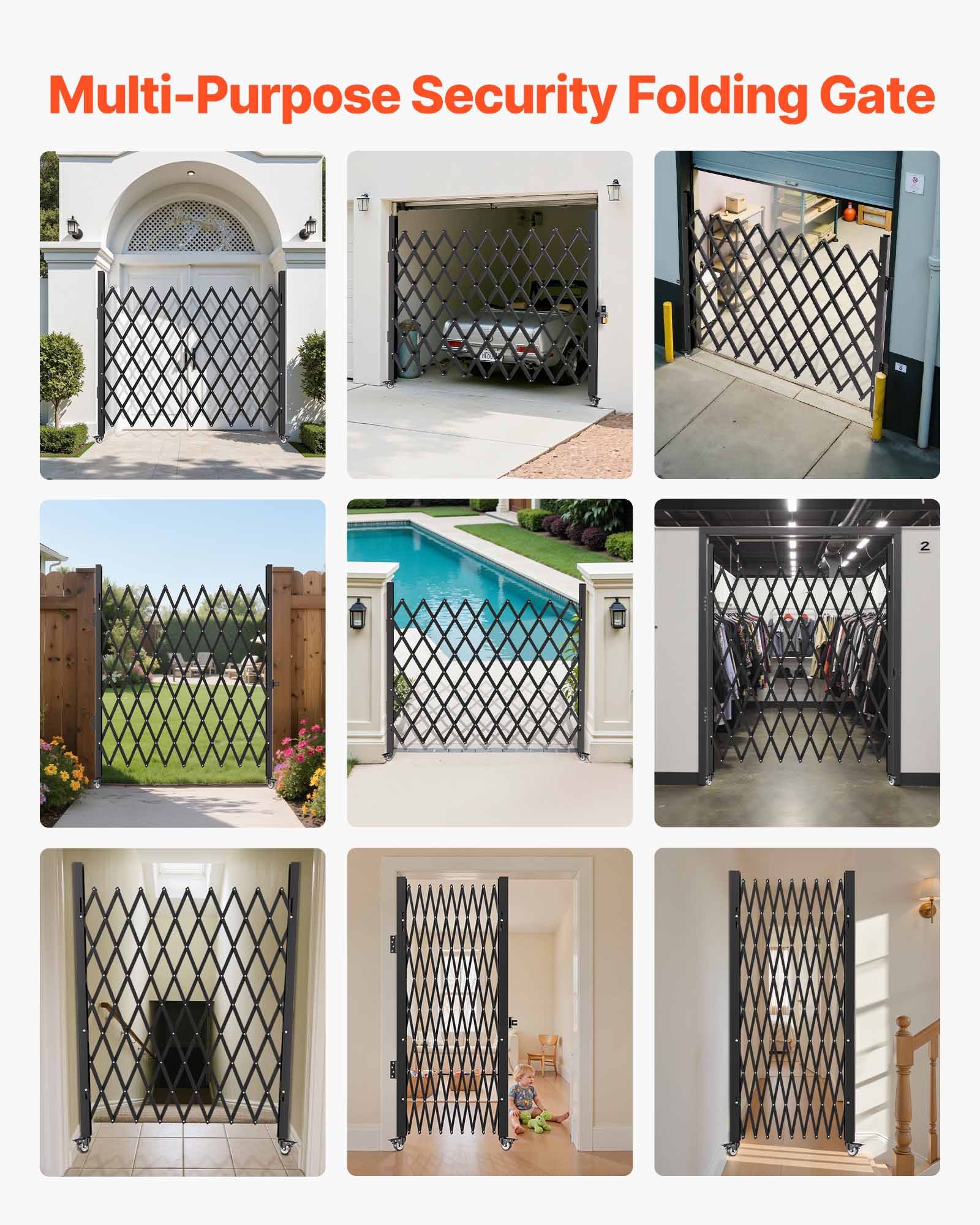 Puerta de seguridad plegable individual VEVOR, 2,2 m de alto x 2,38 m de ancho, puerta plegable tipo acordeón de acero, puerta de seguridad flexible extensible, puerta de barricada enrollable de 360°, puerta/puerta de tijera con candado.