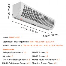 VEVOR Cortina de aire comercial para interiores de 42 pulgadas, superpotencia, 2 velocidades, 1350 CFM, cortinas de aire montadas en la pared para puertas, ventilador interior sobre puerta con interruptor de límite resistente, fácil de instalar, 110 V sin calefacción