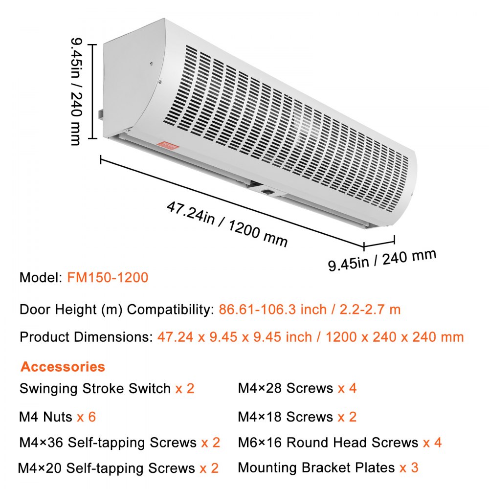 Cortina de aire interior VEVOR fm150-1200 dimensiones: 47,24 x 9,45 x 9,45 pulgadas. compatibilidad de altura de puerta: 2,2-2,7 m.