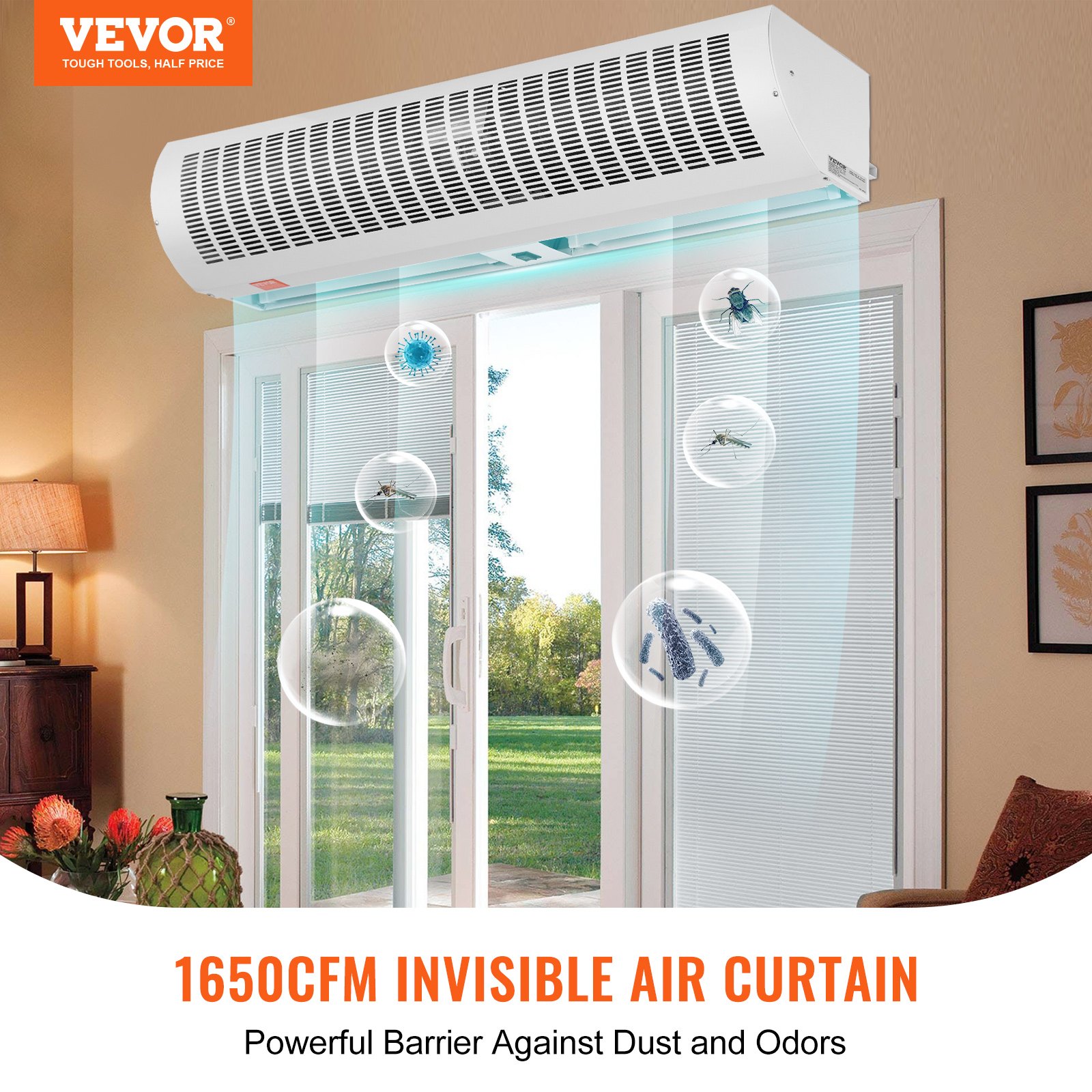 Cortina de aire interior VEVOR sobre puertas corredizas de vidrio que bloquea los insectos y el polvo, creando una barrera invisible.