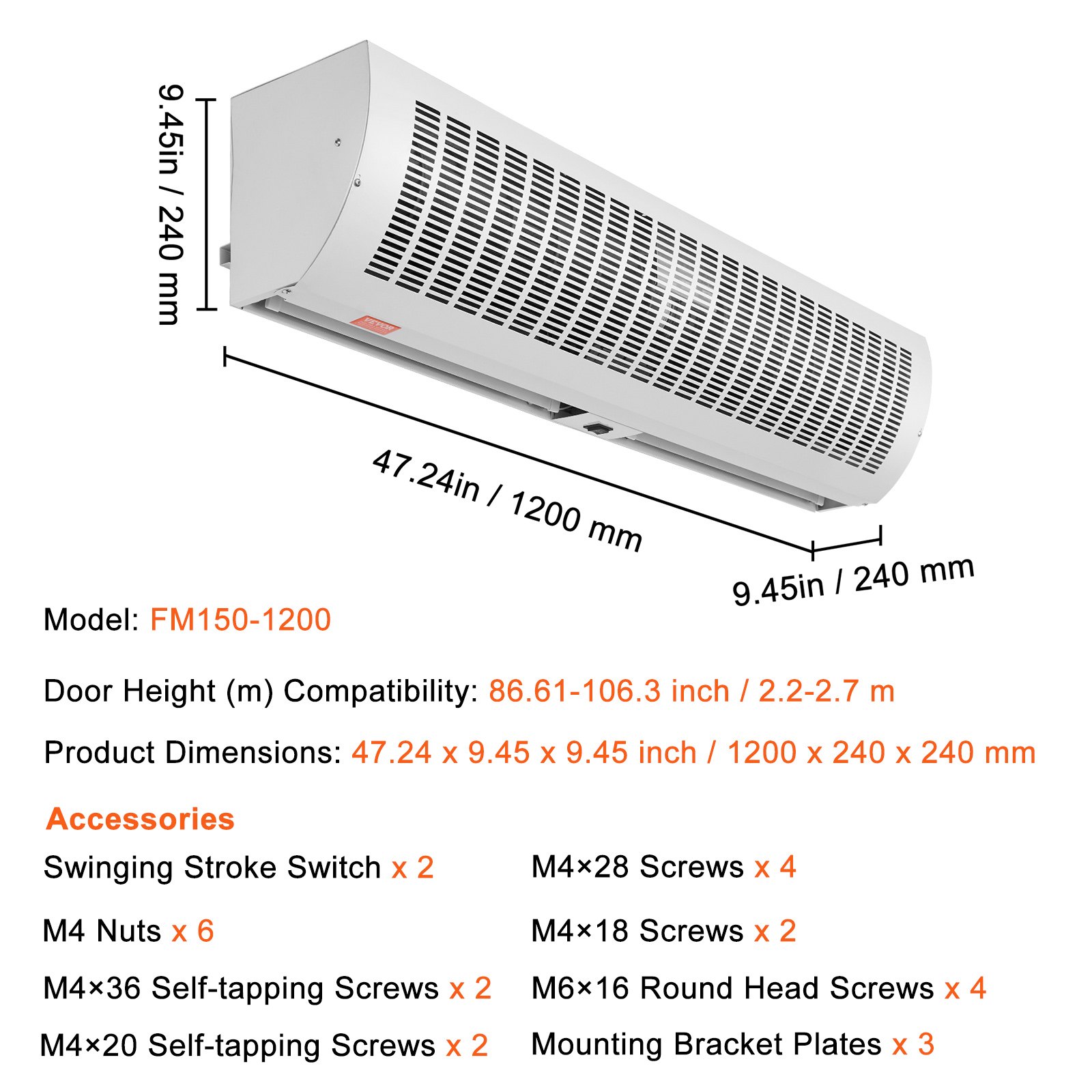 Cortina de aire interior VEVOR fm150-1200 dimensiones: 47,24 x 9,45 x 9,45 pulgadas. compatibilidad de altura de puerta: 2,2-2,7 m.