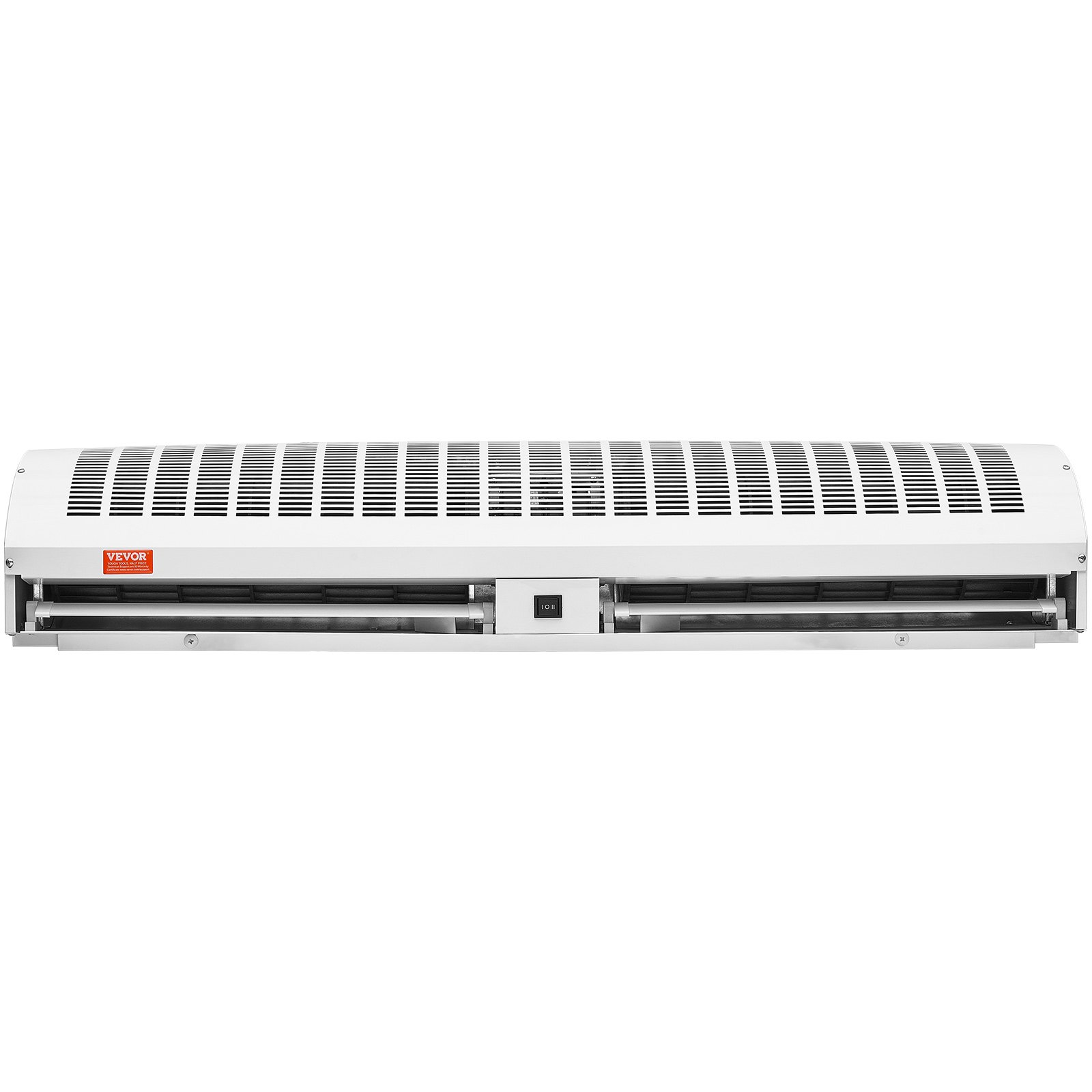 Cortina de aire interior VEVOR, elegante diseño blanco con panel frontal ventilado e interruptor de encendido en el centro.