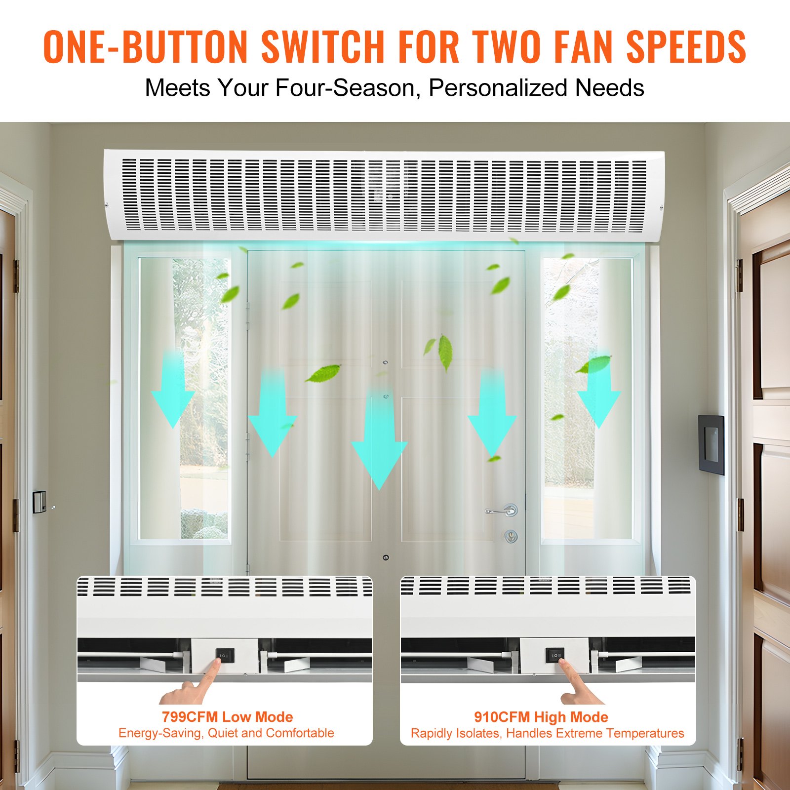 Cortina de aire interior VEVOR sobre una puerta, que muestra un interruptor de un botón para dos velocidades de ventilador y dirección del flujo de aire.