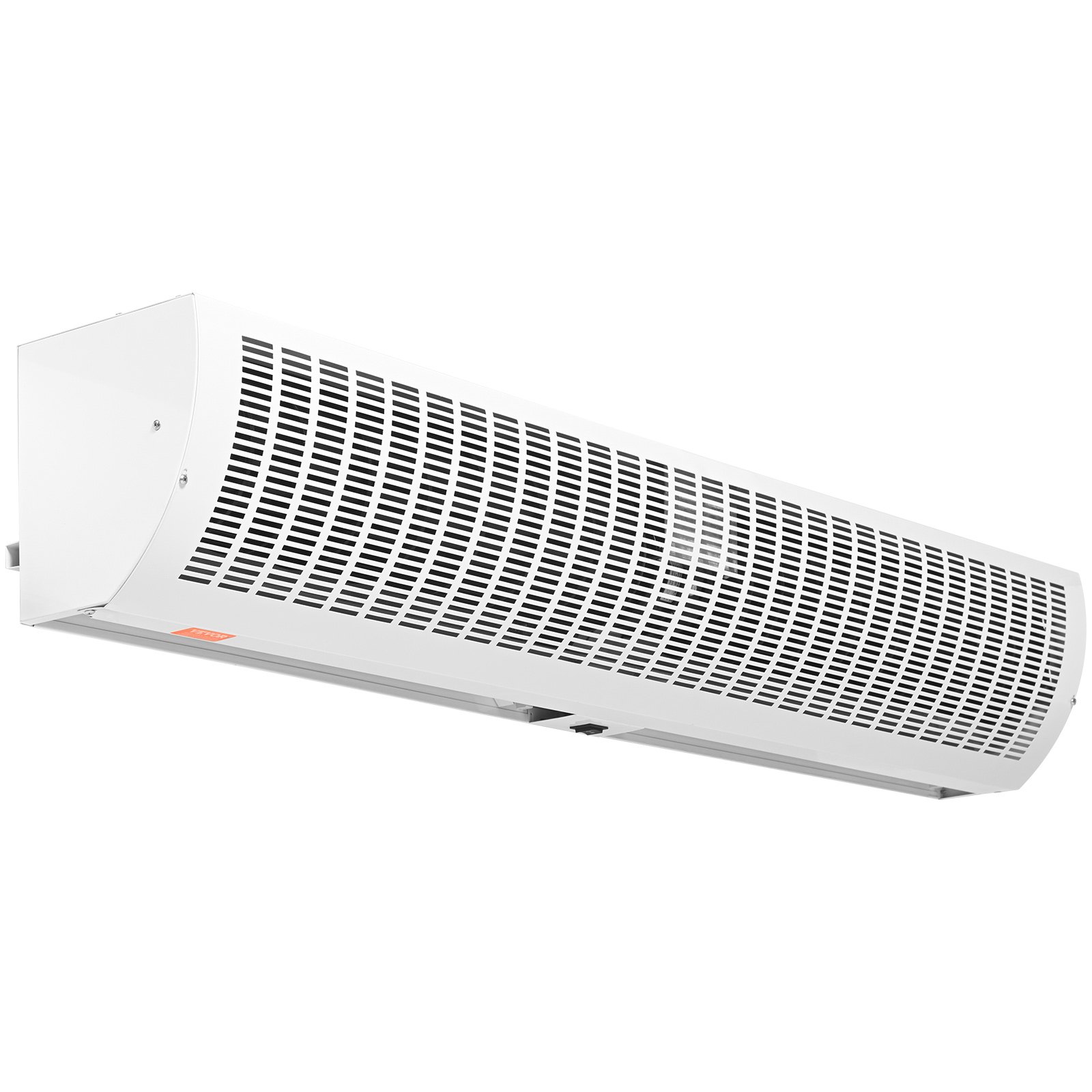 Cortina de aire interior VEVOR montada en una pared blanca, que muestra un diseño elegante y curvo con una rejilla de ventilación.