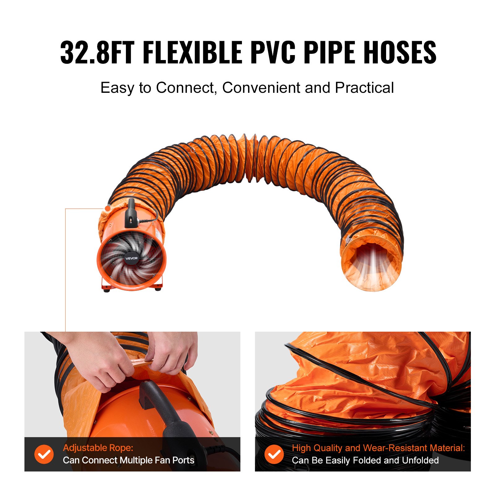 VEVOR 12 inch Portable Ventilator, 2 Speed 2894CFM High-Velocity Industrial Utility Blower Fan with 33ft Flexible Duct Hose, Exhaust Axial Fan for Basements, Workshops, Warehouses, Orange