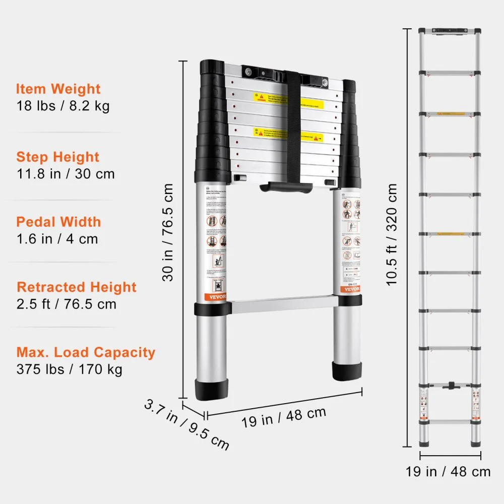 Escalera telescópica VEVOR de aluminio de 3,2 m, plegable, con un solo botón, capacidad de 170 kg, con patas antideslizantes, portátil, multiusos, compacta, para casa, caravana, loft, lista para ANSI