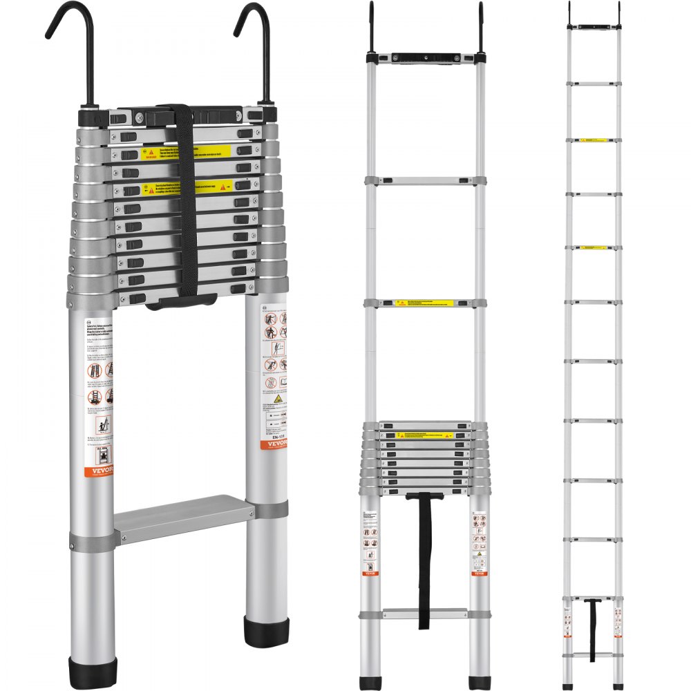 Escalera telescópica VEVOR, vistas extendida y colapsada, que muestra etiquetas de seguridad y correas.