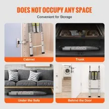 Escalera telescópica VEVOR, escalera extensible plegable de aluminio de 15 pies con un solo botón, capacidad de 400 libras con pies antideslizantes, escalera compacta multiusos portátil para el hogar, RV, loft, lista ANSI