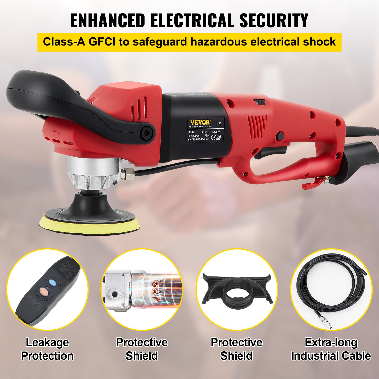Pulidora húmeda VEVOR con seguridad eléctrica mejorada, GFCI clase A, cable extra largo y protección contra fugas.