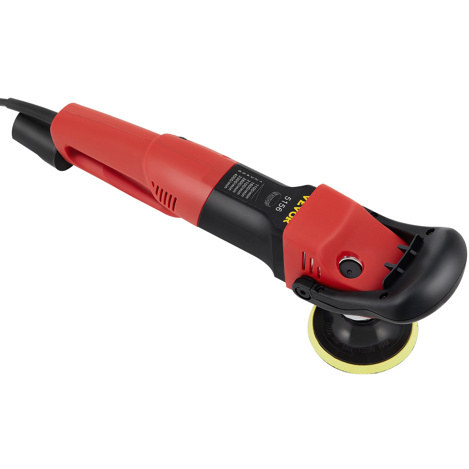 Pulidora húmeda VEVOR con diseño rojo y negro, mango ergonómico y almohadilla de pulido adjunta.