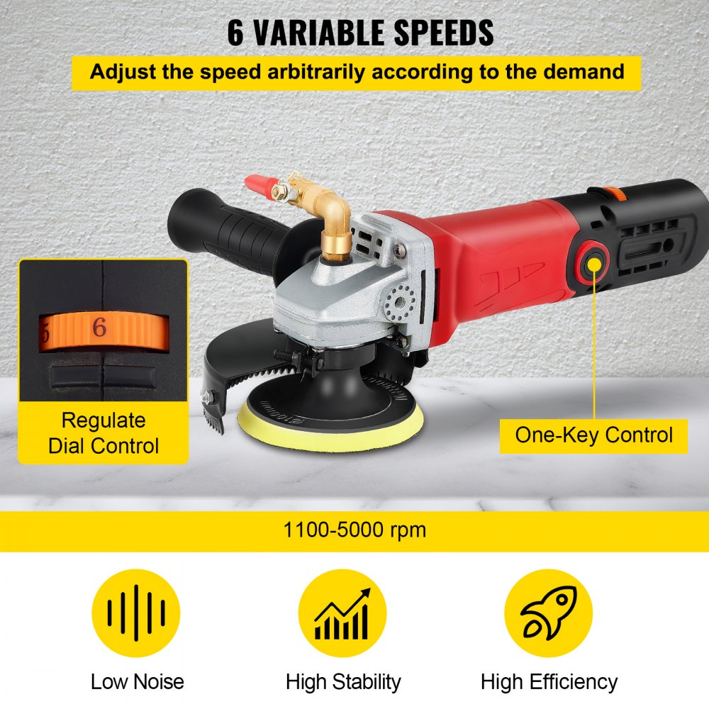 Pulidora/pulidora húmeda VEVOR, kit de 8 piezas de velocidad variable, almohadillas de pulido de diamante extra de 4" y 5", máquina pulidora con adaptador de tubería de 59" y protector contra salpicaduras, herramienta de piedra de hormigón para encimera de granito/mármol CE