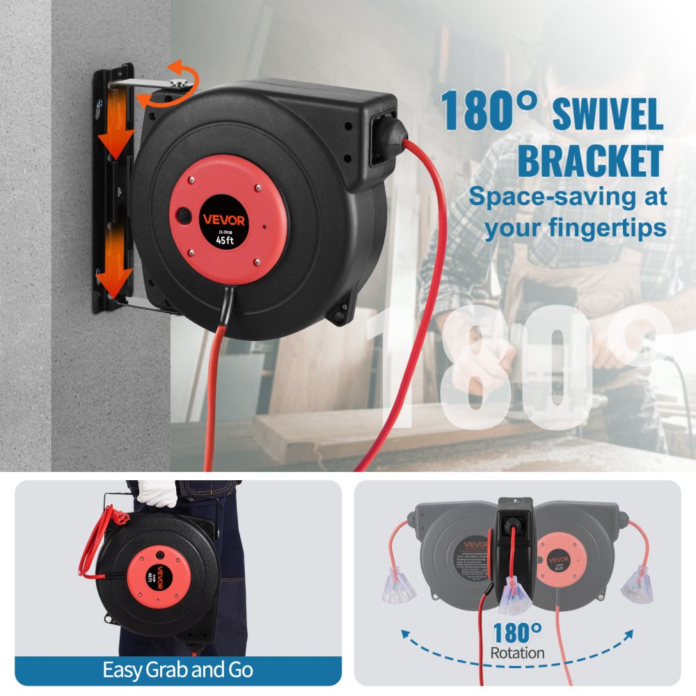 Carrete de cable de extensión retráctil VEVOR, 13,7 m, resistente, 12 AWG/3C SJTOW, con toma de corriente triple iluminada, disyuntor de 15 A, soporte giratorio de 180° para montaje en techo o pared.