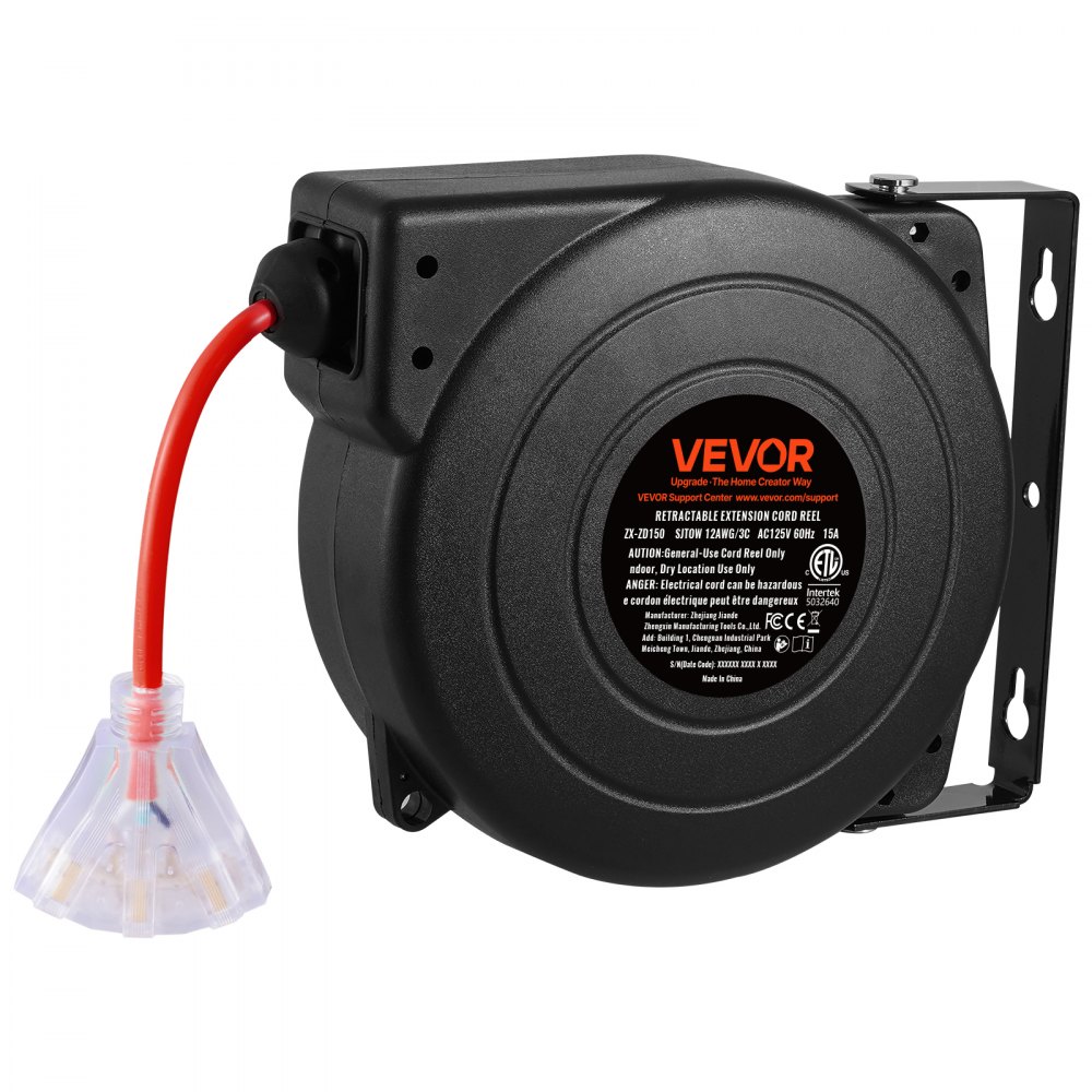 Carrete de cable de extensión retráctil VEVOR, 13,7 m, resistente, 12 AWG/3C SJTOW, con toma de corriente triple iluminada, disyuntor de 15 A, soporte giratorio de 180° para montaje en techo o pared.