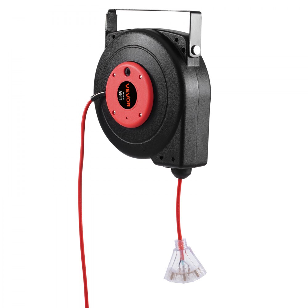 Carrete de cable de extensión retráctil VEVOR, 13,7 m, resistente, 12 AWG/3C SJTOW, con toma de corriente triple iluminada, disyuntor de 15 A, soporte giratorio de 180° para montaje en techo o pared.