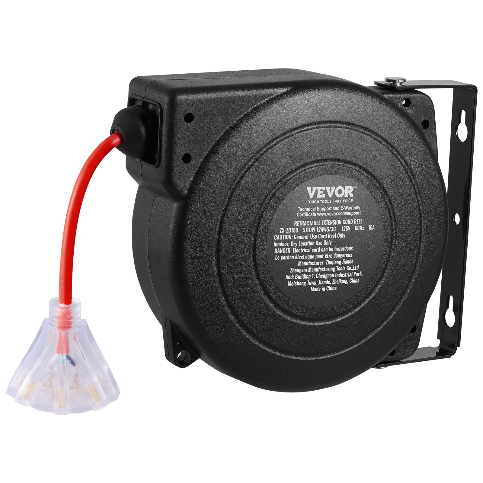 Carrete de cable de extensión retráctil VEVOR, 13,7 m, resistente, 12 AWG/3C SJTOW, con toma de corriente triple iluminada, disyuntor de 15 A, soporte giratorio de 180° para montaje en techo o pared.