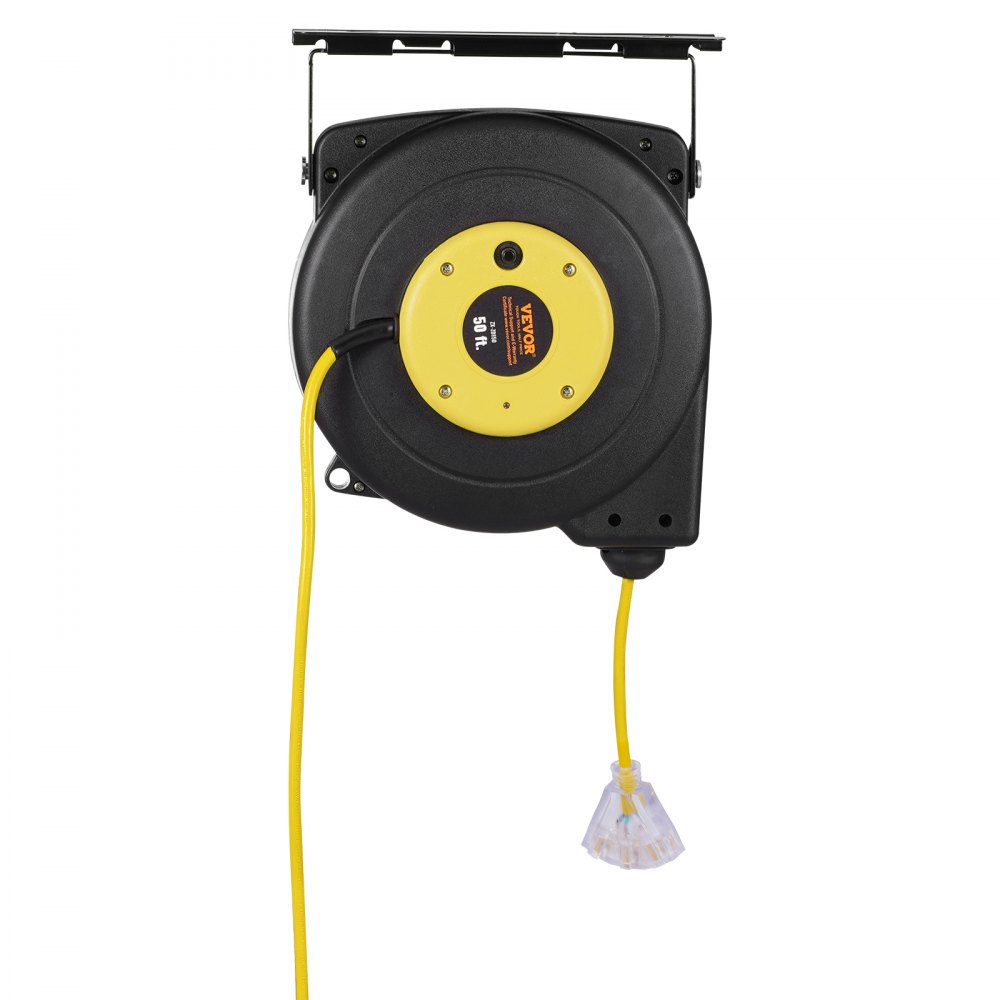 Carrete de cable de extensión retráctil VEVOR, 15 m, resistente, 14 AWG/3C SJTOW, con toma de corriente triple iluminada, disyuntor de 13 A, soporte giratorio de 180° para montaje en techo o pared.