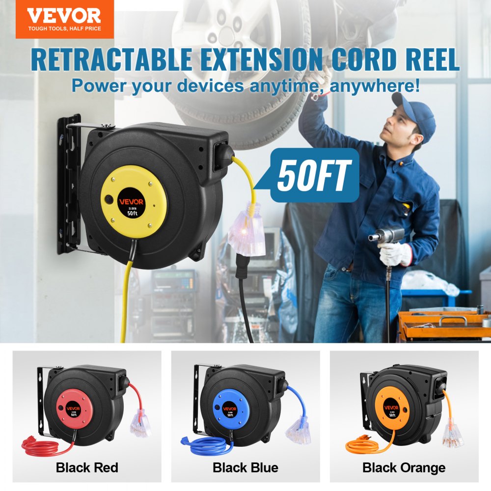 Carrete de cable de extensión retráctil VEVOR, 15 m, resistente, 14 AWG/3C SJTOW, con toma de corriente triple iluminada, disyuntor de 13 A, soporte giratorio de 180° para montaje en techo o pared.